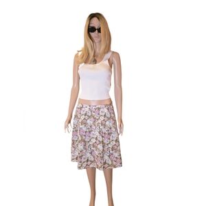 90s Style Floral A-Line Midi Skirt Pink & Olive Cabbage Roses 32" Waist